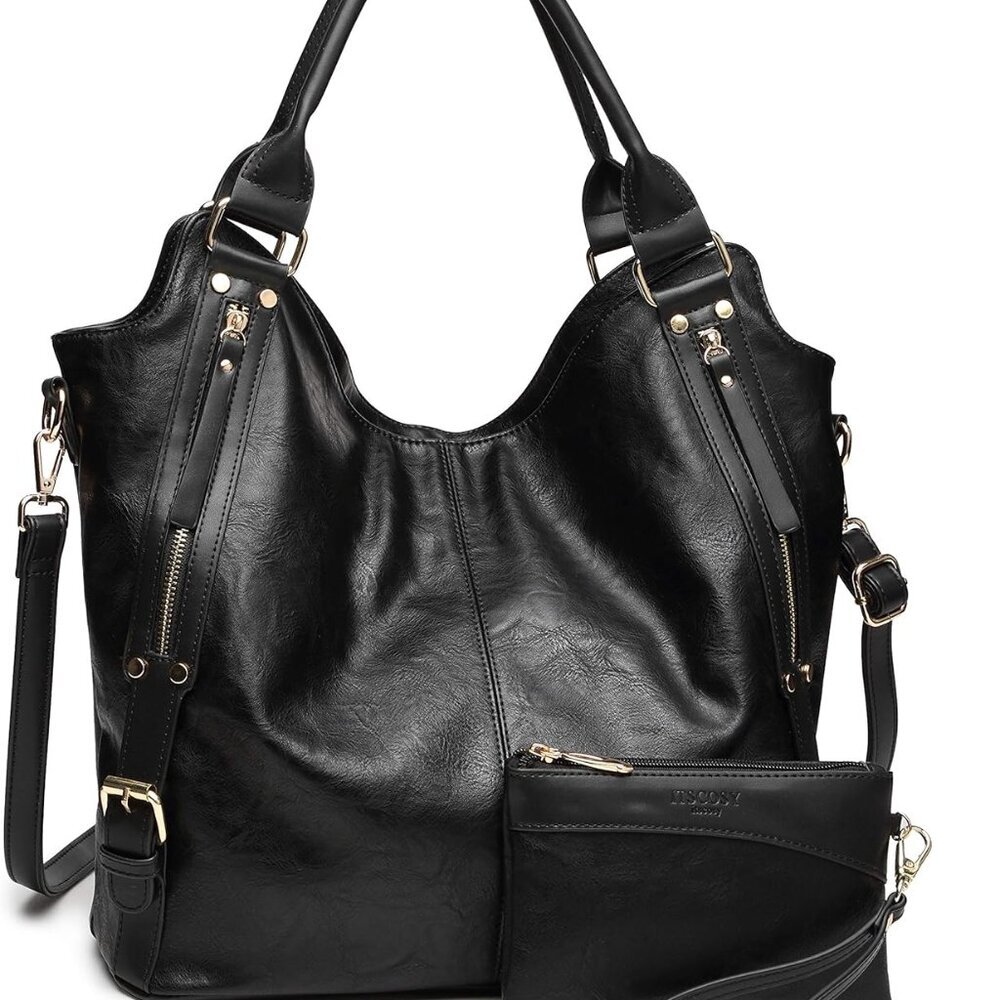 Elegant PU Leather Tote Bag with Adjustable Strap & Wallet Clutch - 12.5" Size